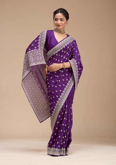 Purple Threadwork Soft Raw Silk Saree-koskii