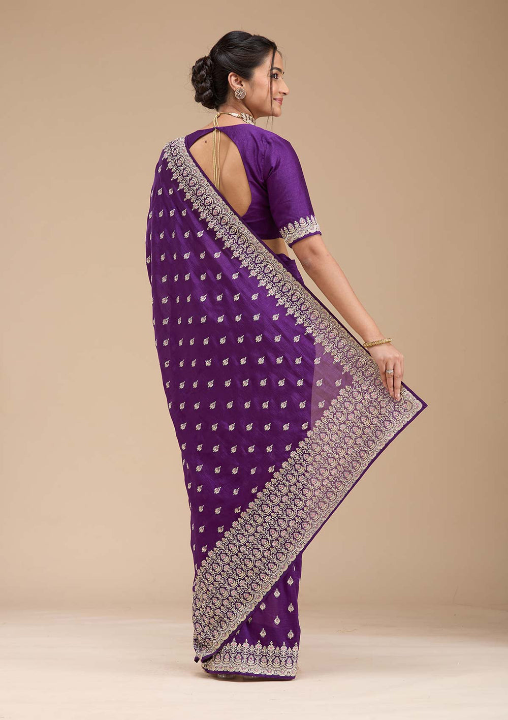 Purple Threadwork Soft Raw Silk Saree-koskii