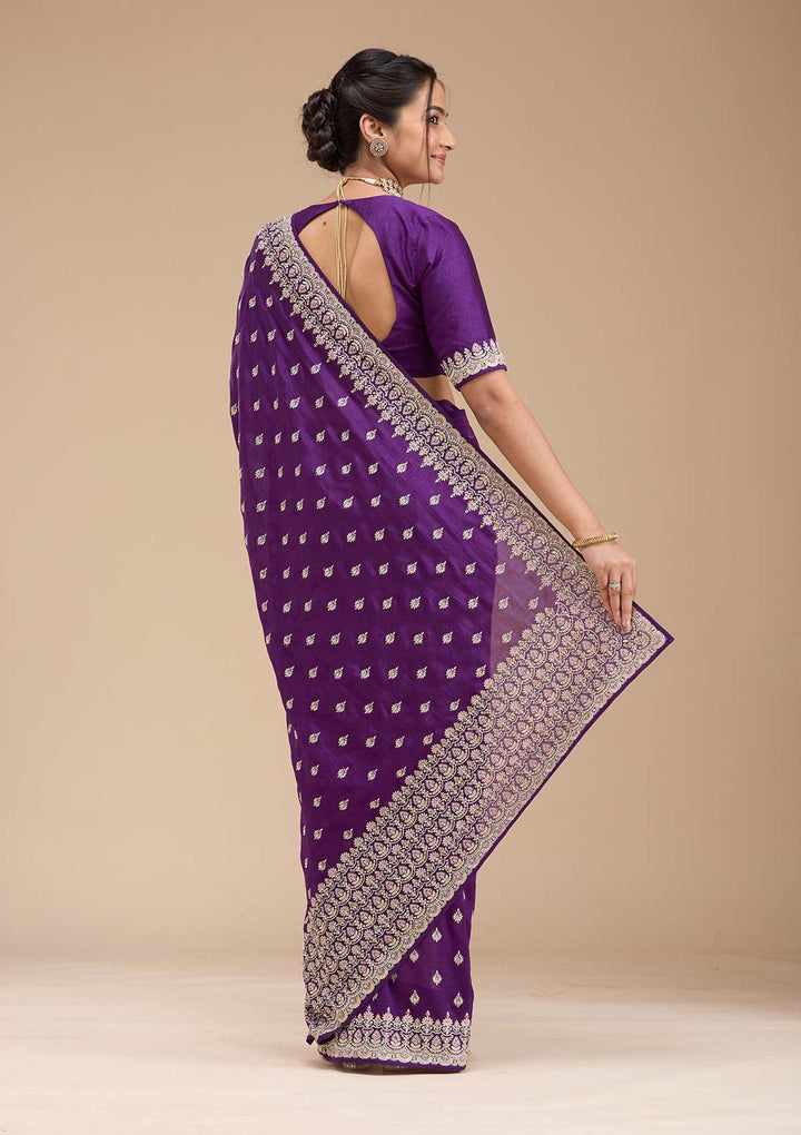 Purple Threadwork Soft Raw Silk Saree-koskii