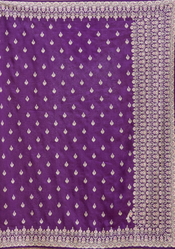 Purple Threadwork Soft Raw Silk Saree-koskii