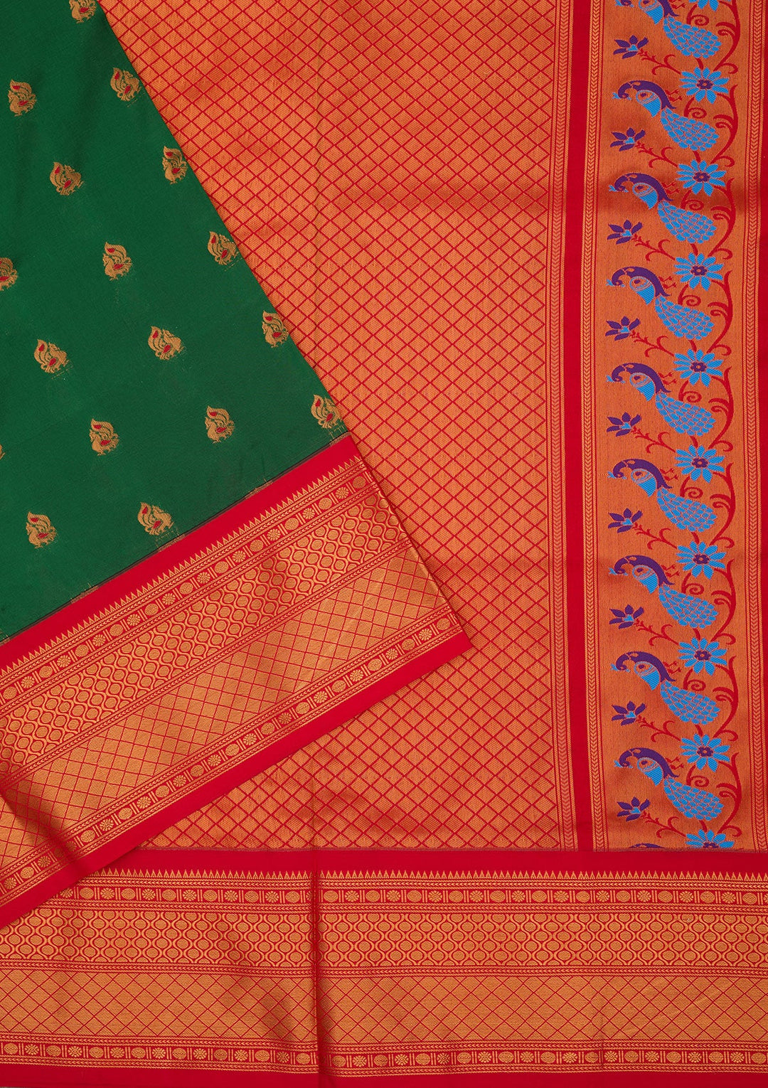 Bottle Green Zariwork Pure Silk Saree-Koskii