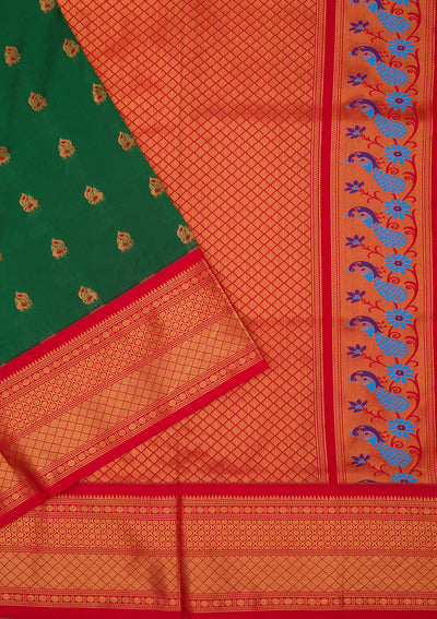 Bottle Green Zariwork Pure Silk Saree-Koskii