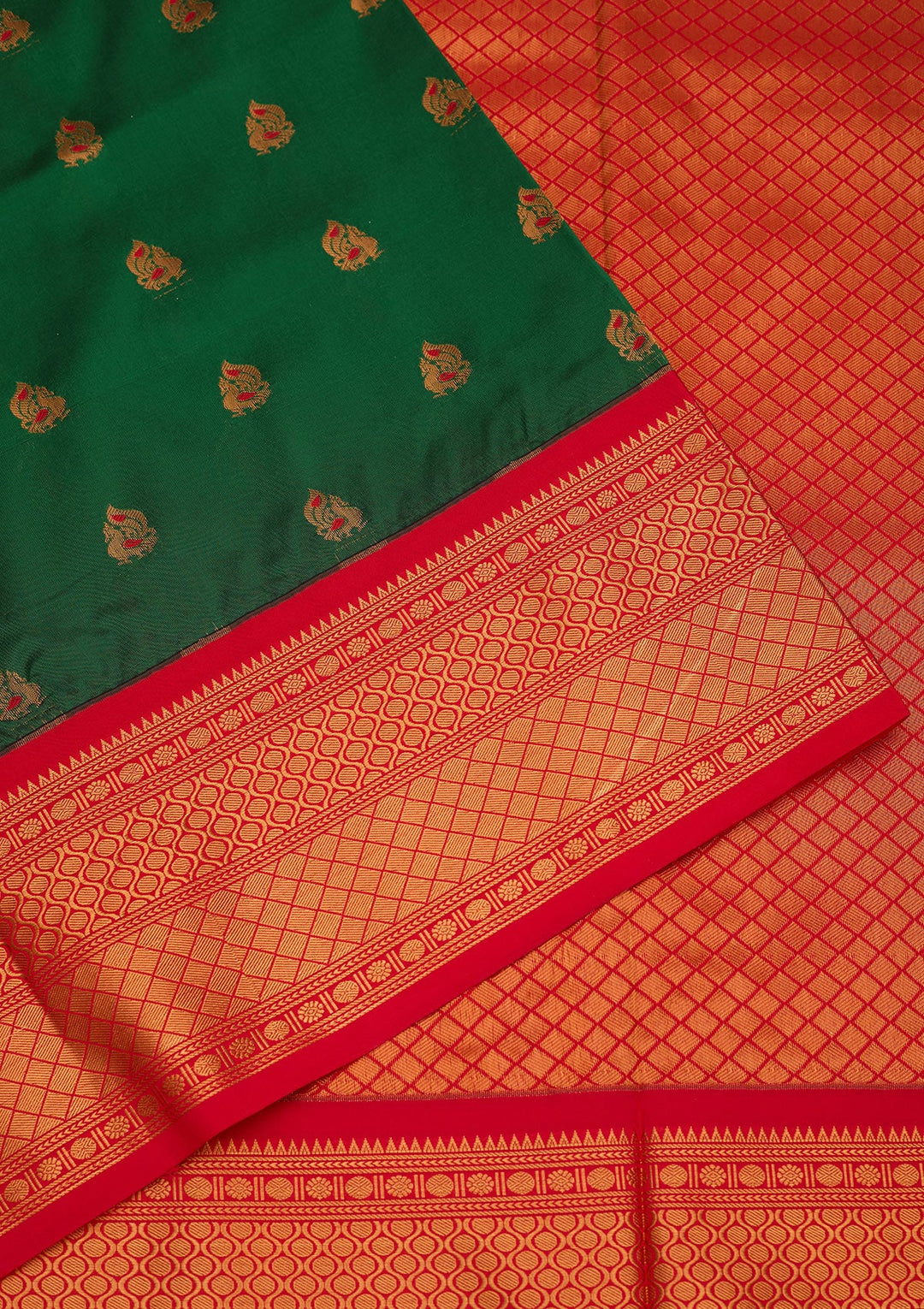 Bottle Green Zariwork Pure Silk Saree-Koskii