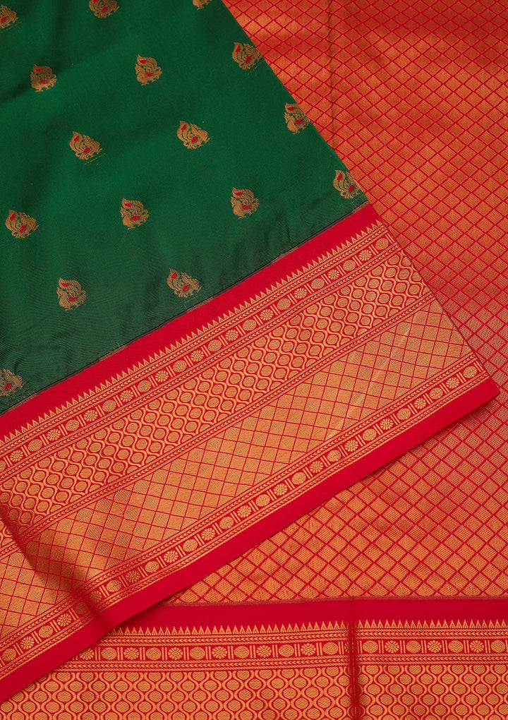 Bottle Green Zariwork Pure Silk Saree-Koskii