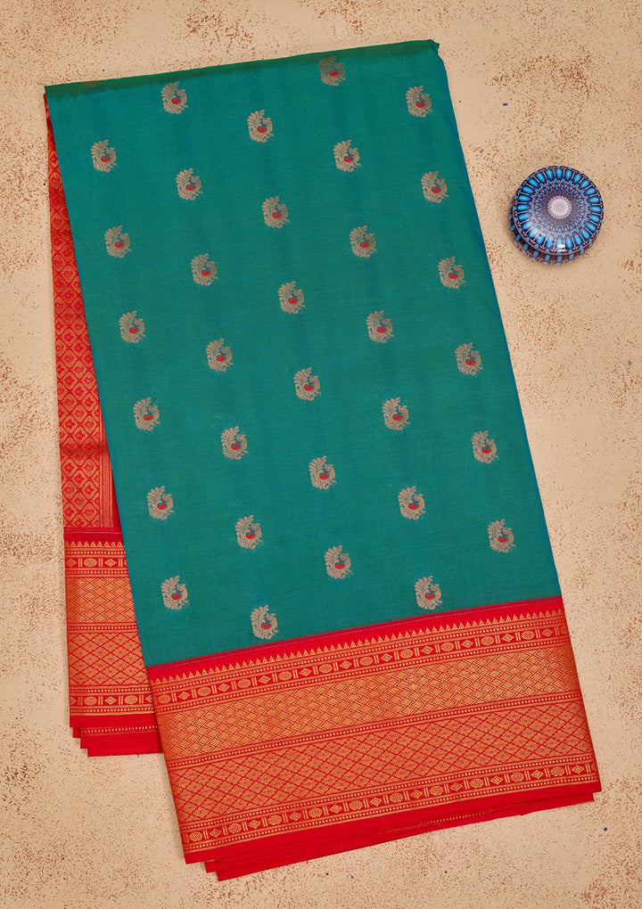 Peacock Blue Zariwork Pure Silk Saree-Koskii