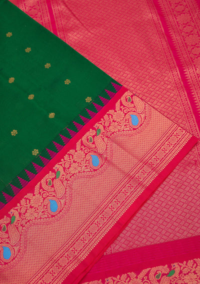 Bottle Green Zariwork Pure Silk Saree-Koskii