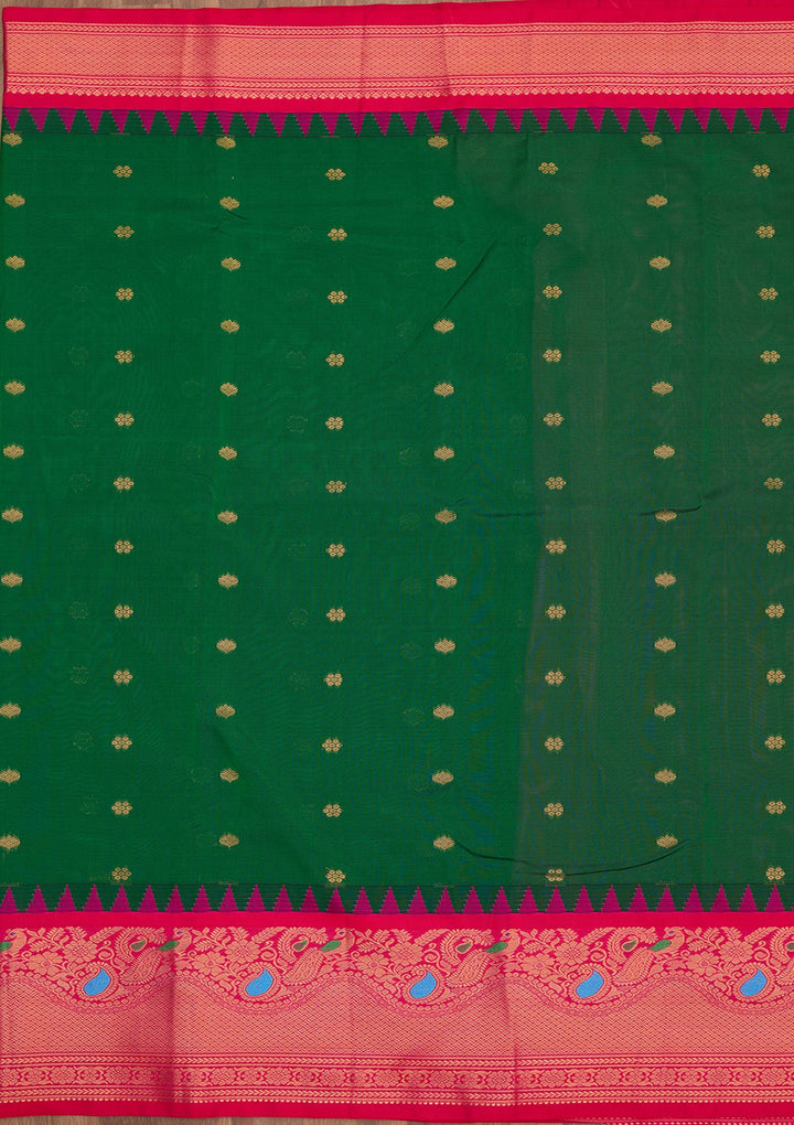 Bottle Green Zariwork Pure Silk Saree-Koskii