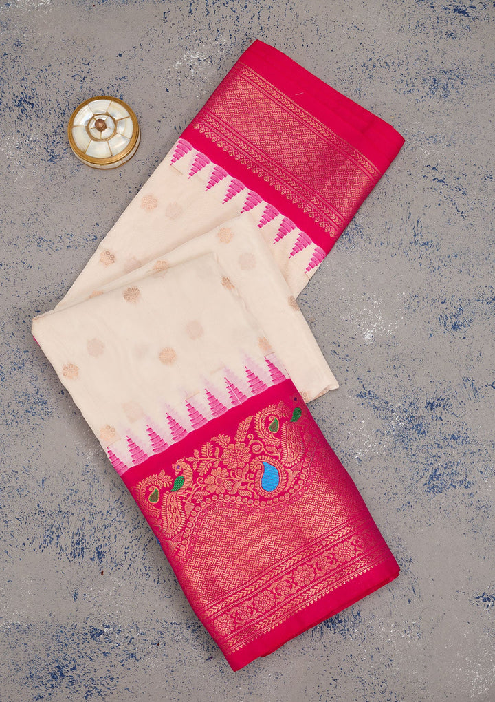 Off White Zariwork Pure Silk Saree-Koskii