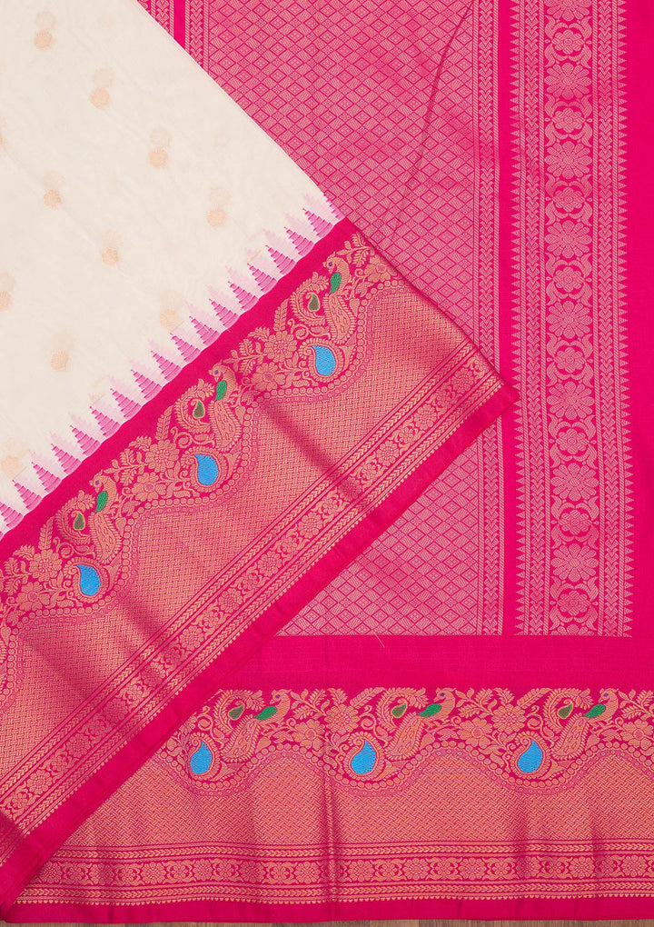 Off White Zariwork Pure Silk Saree-Koskii
