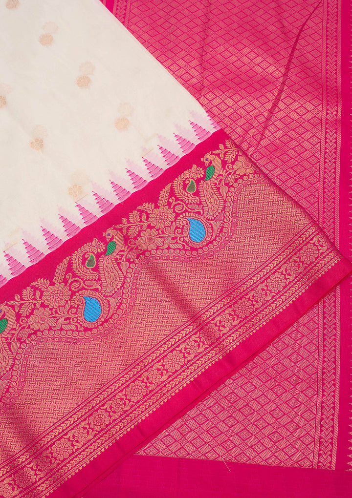 Off White Zariwork Pure Silk Saree-Koskii