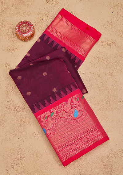 Wine Zariwork Pure Silk Saree-Koskii