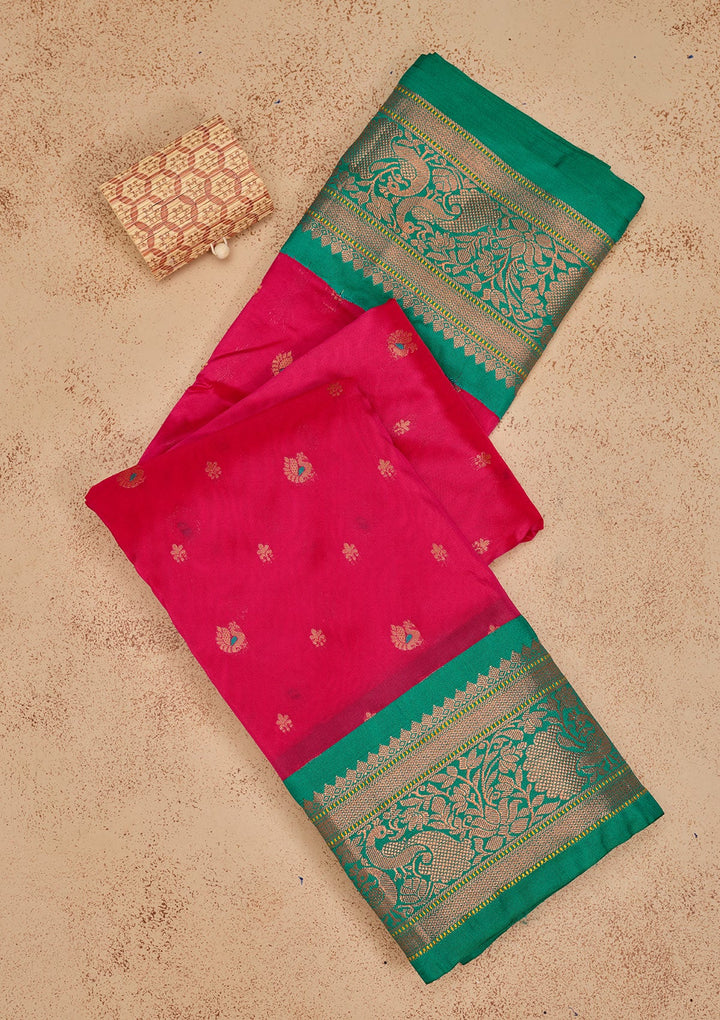 Magenta Pink Zariwork Pure Silk Saree-Koskii