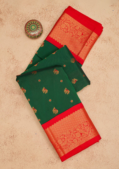 Bottle Green Zariwork Pure Silk Saree-Koskii