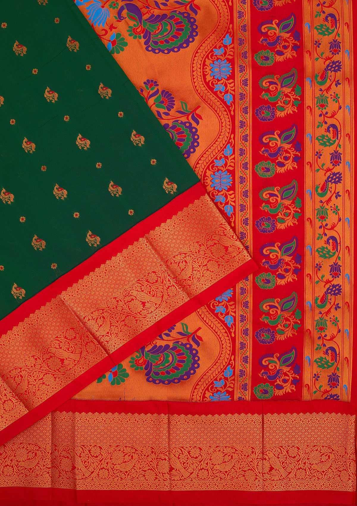 Bottle Green Zariwork Pure Silk Saree-Koskii