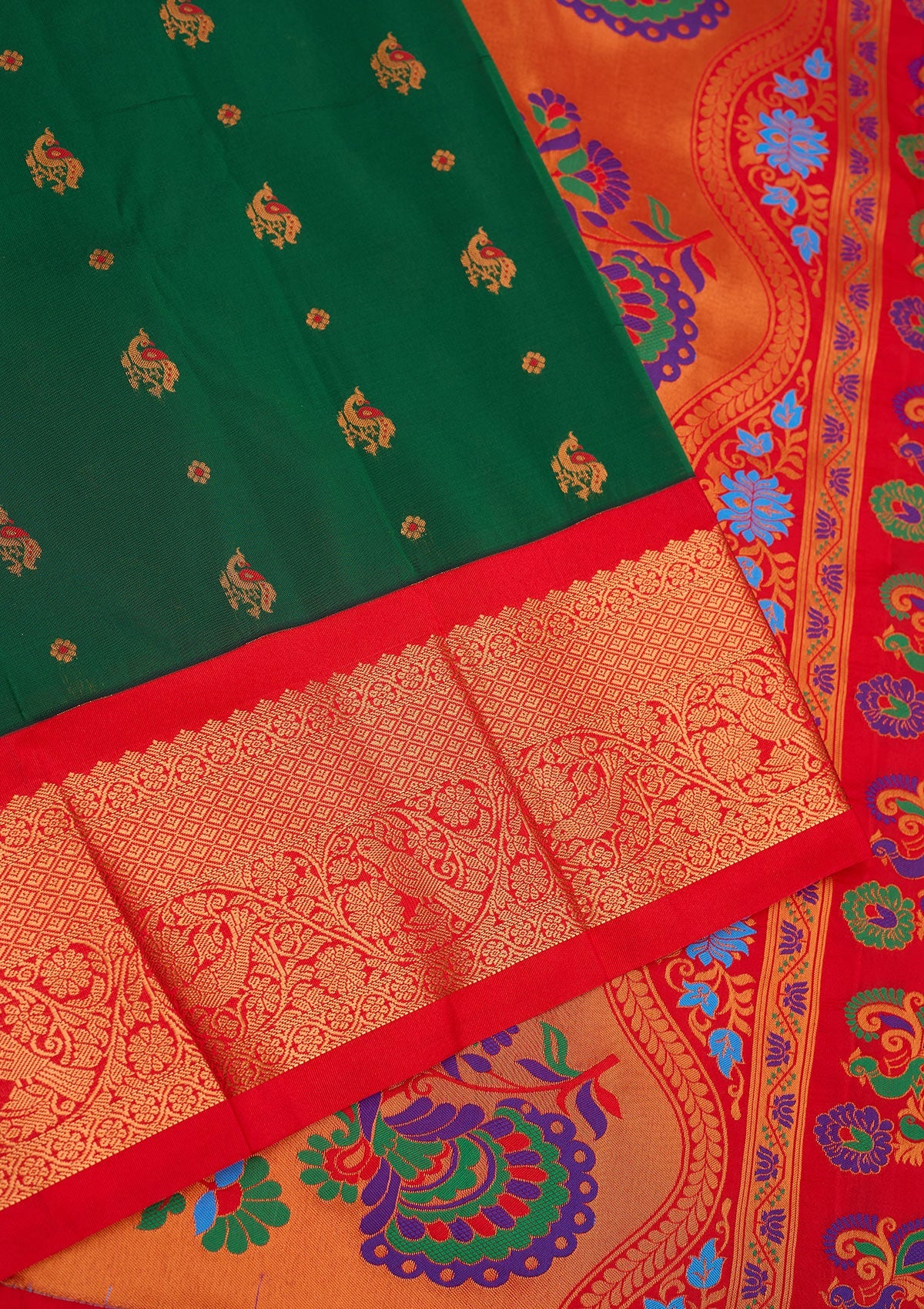 Bottle Green Zariwork Pure Silk Saree-Koskii