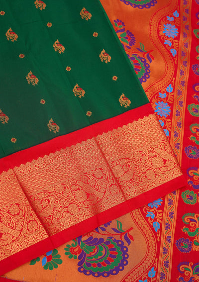 Bottle Green Zariwork Pure Silk Saree-Koskii