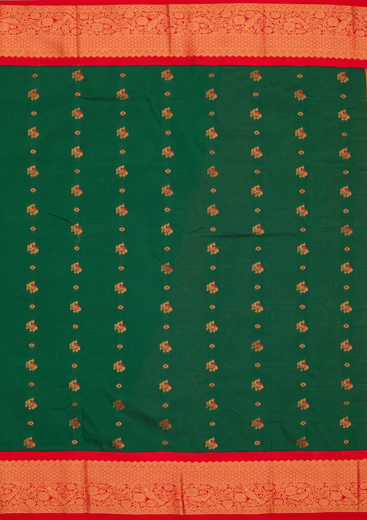 Bottle Green Zariwork Pure Silk Saree-Koskii