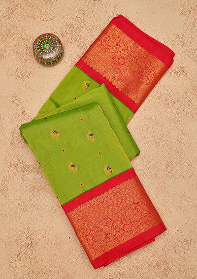 Parrot Green Zariwork Pure Silk Saree-Koskii