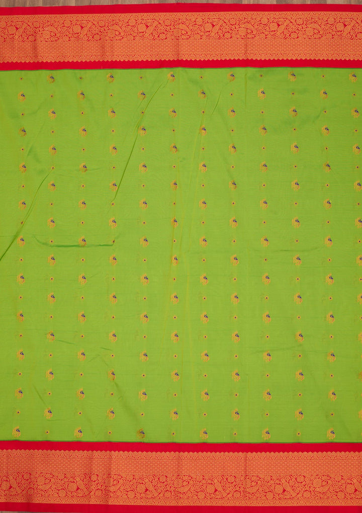 Parrot Green Zariwork Pure Silk Saree-Koskii