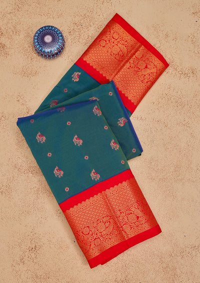Peacock Blue Zariwork Pure Silk Saree-Koskii