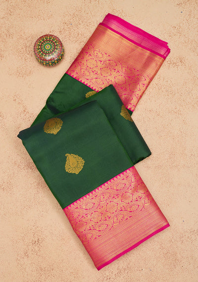 Bottle Green Zariwork Pure Silk Saree-Koskii