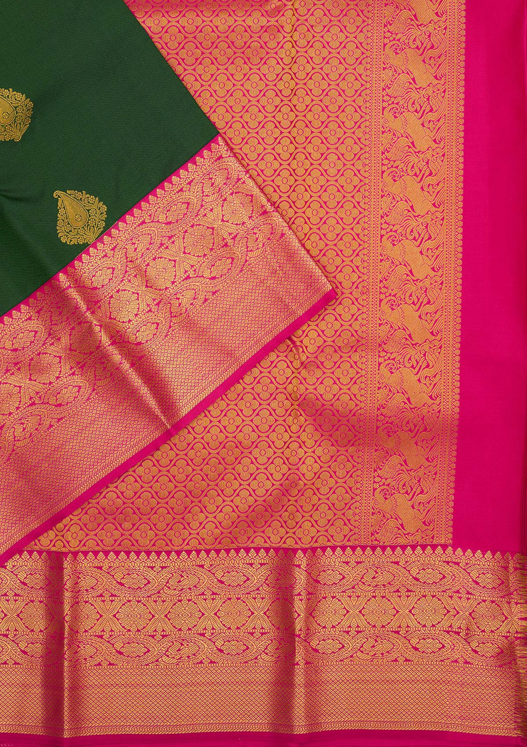Bottle Green Zariwork Pure Silk Saree-Koskii