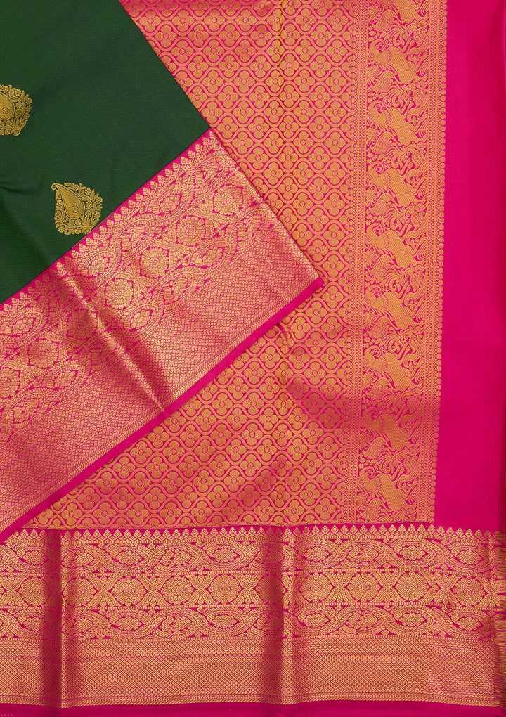 Bottle Green Zariwork Pure Silk Saree-Koskii