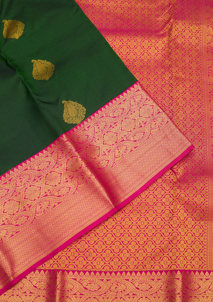 Bottle Green Zariwork Pure Silk Saree-Koskii