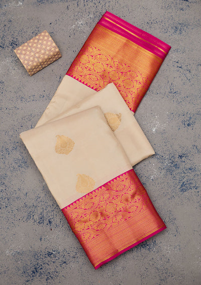 Off White Zariwork Pure Silk Saree-Koskii