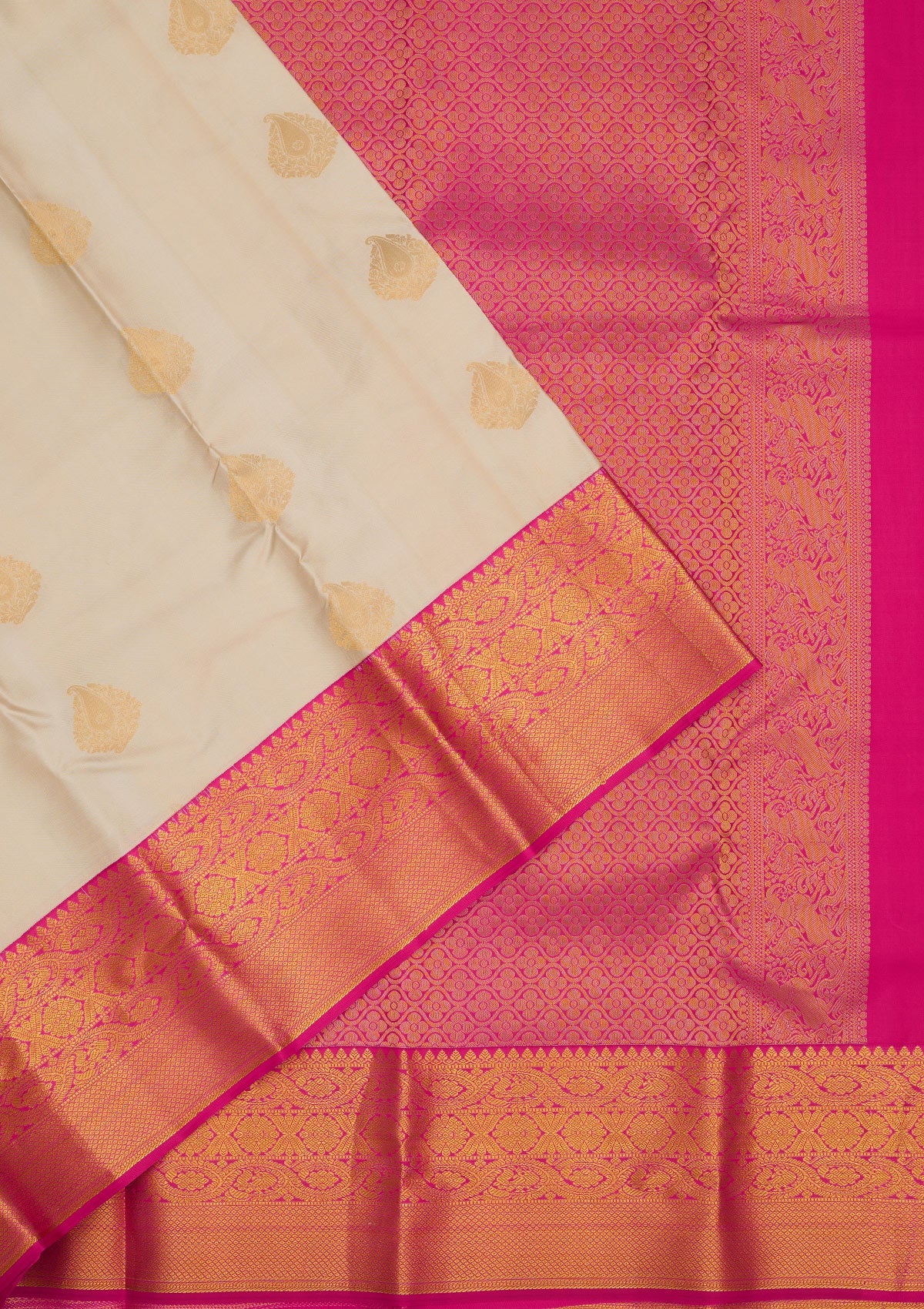 Off White Zariwork Pure Silk Saree-Koskii