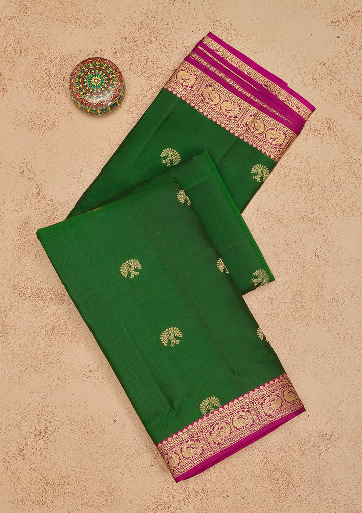 Bottle Green Zariwork Pure Silk Saree-Koskii