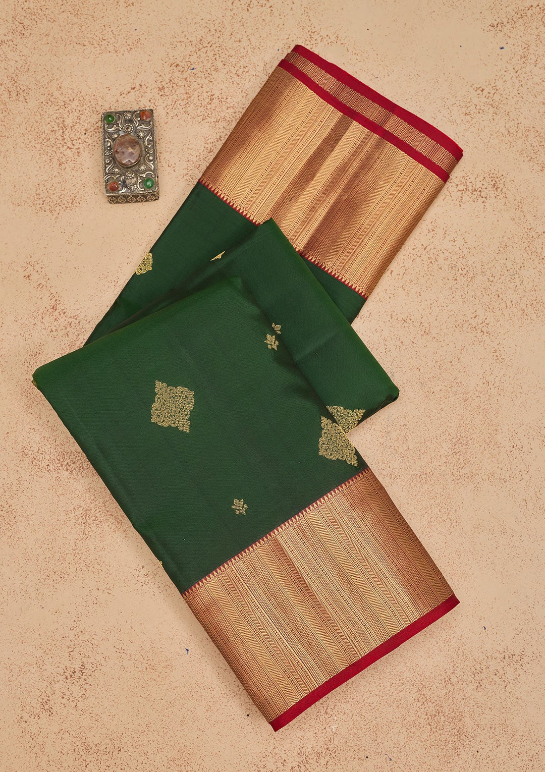 Bottle Green Zariwork Pure Silk Saree-Koskii