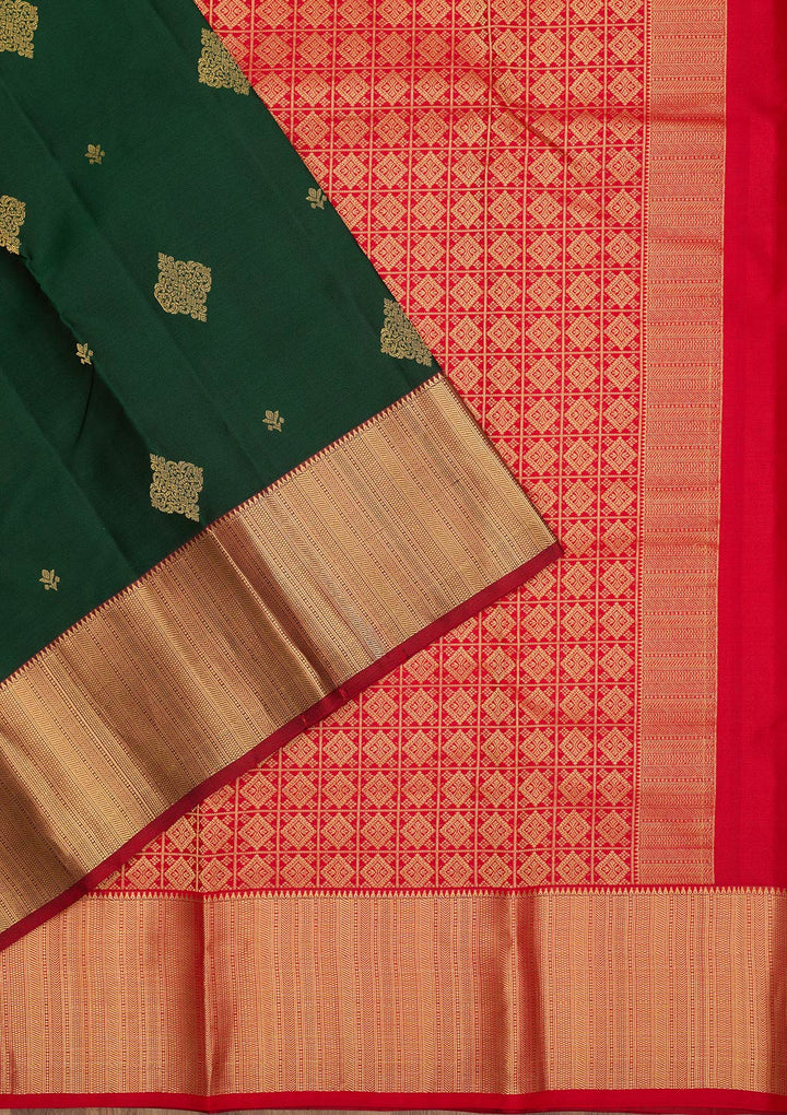 Bottle Green Zariwork Pure Silk Saree-Koskii