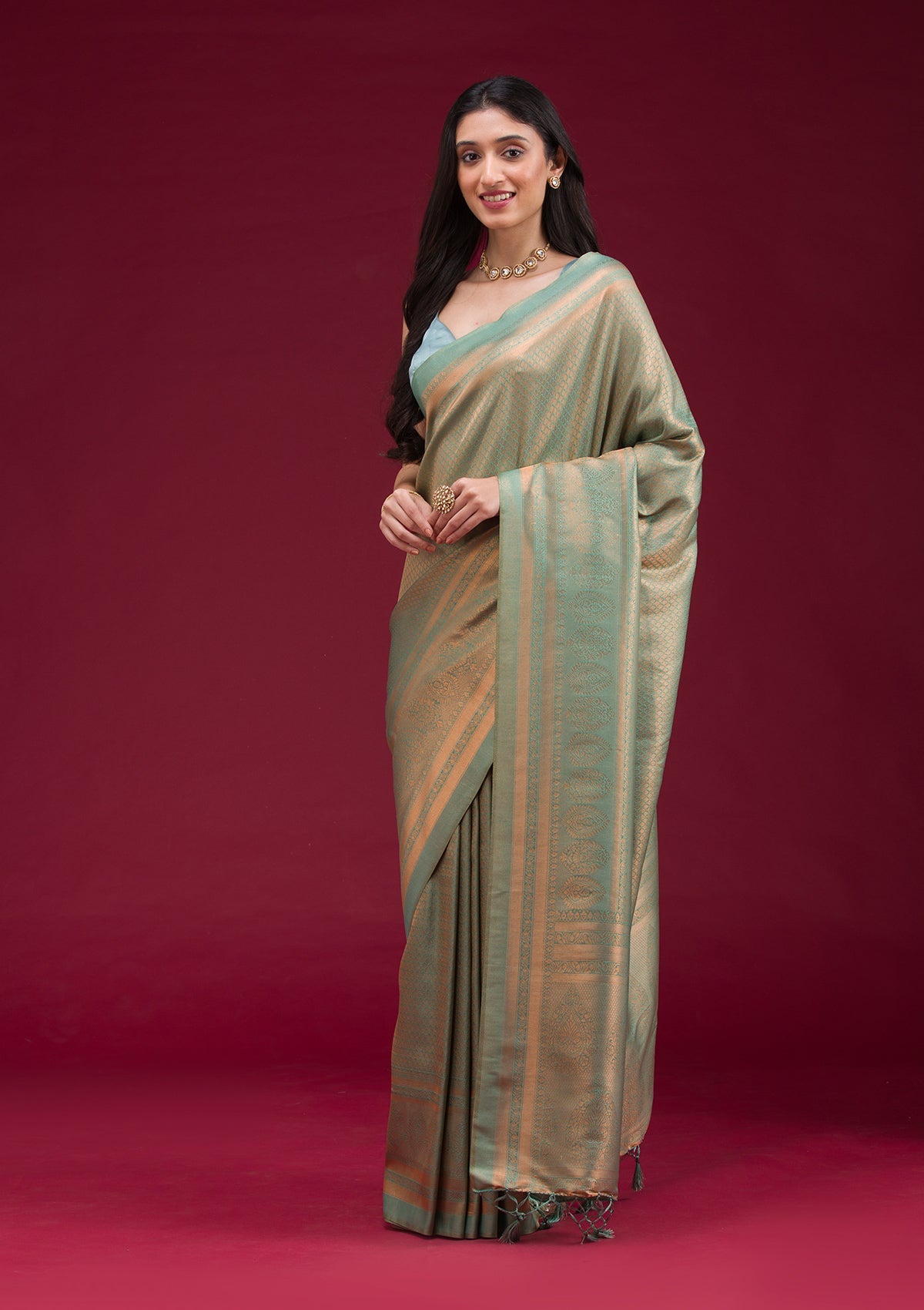 Sea Green Zariwork Art Silk Saree-Koskii