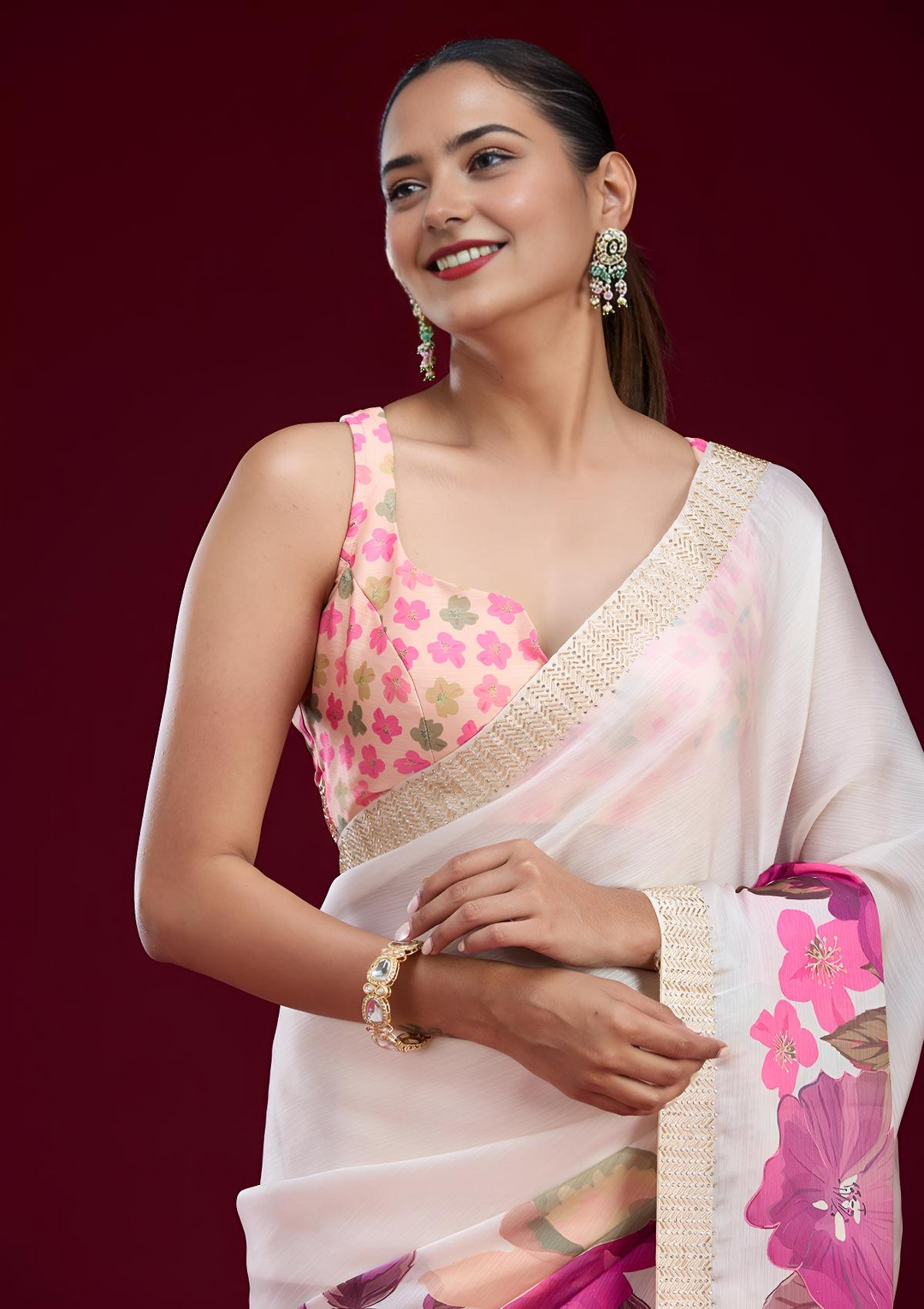 Cream Cutdana Chiffon Saree