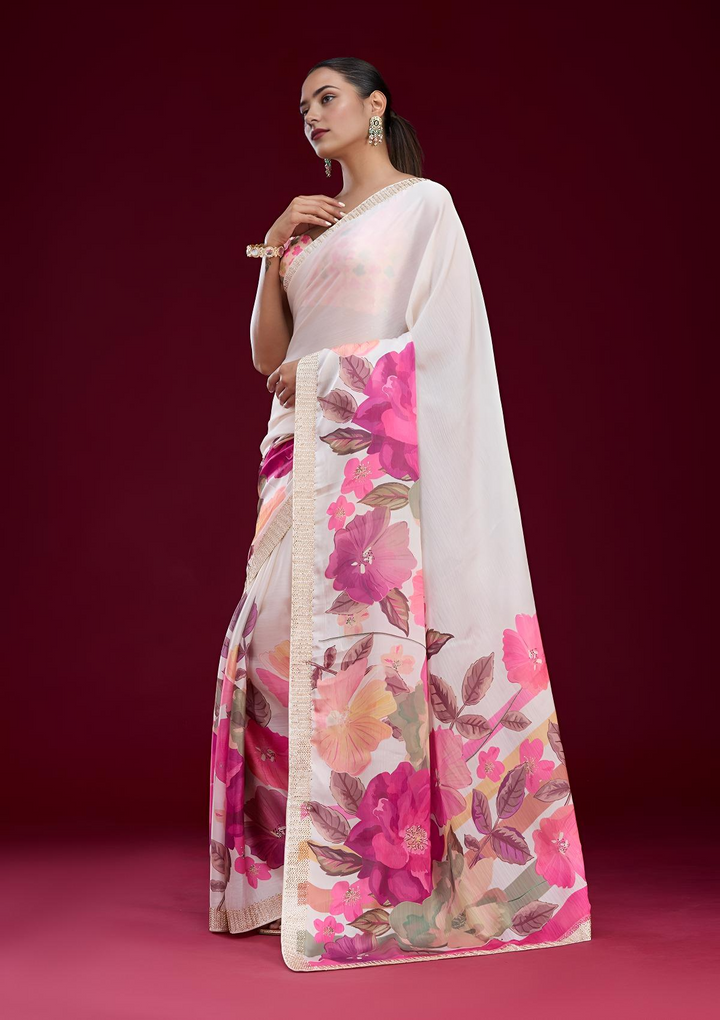 Cream Cutdana Chiffon Saree