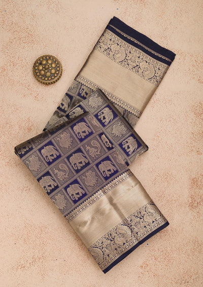 Navy Blue Zariwork Pure Silk Saree-Koskii