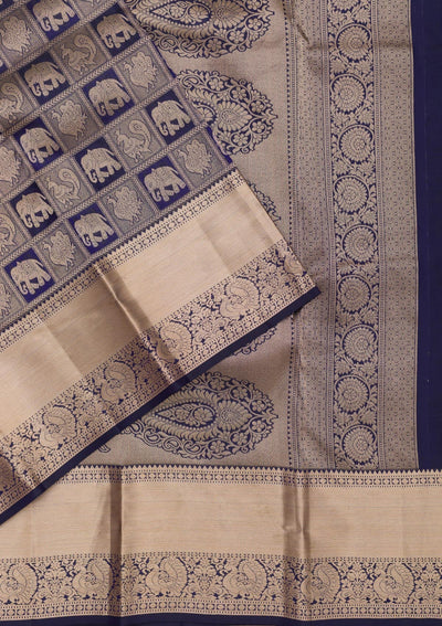 Navy Blue Zariwork Pure Silk Saree-Koskii