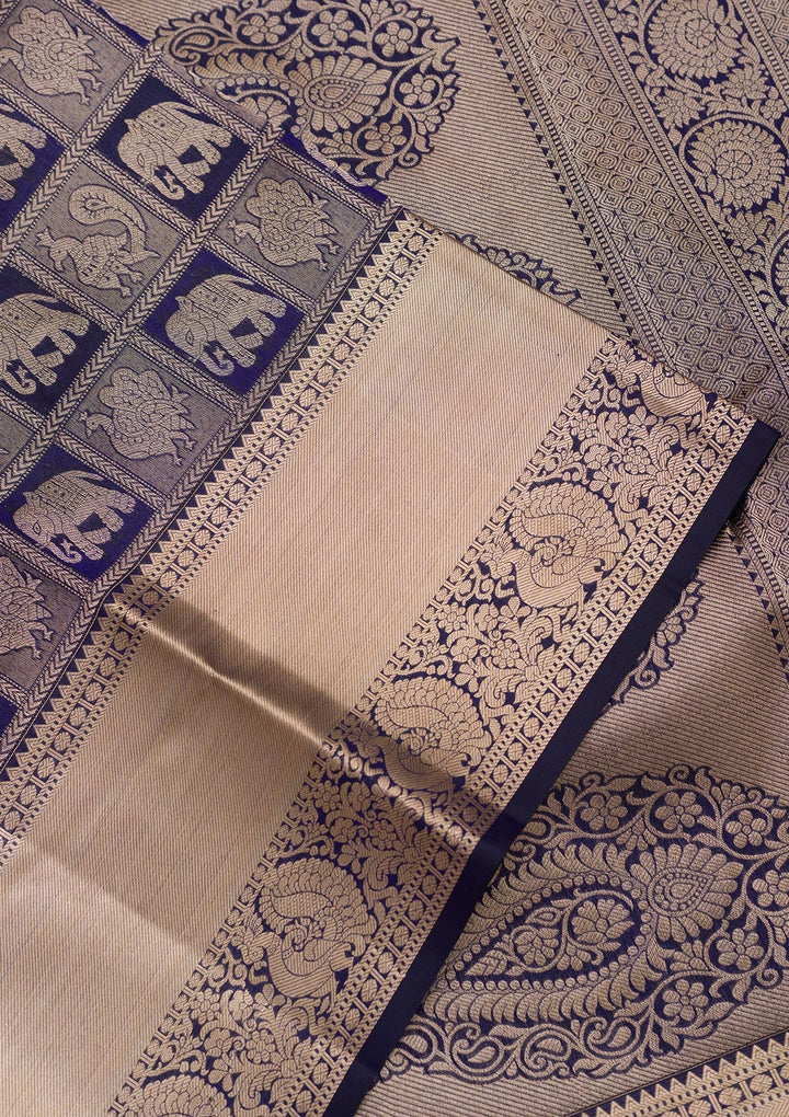 Navy Blue Zariwork Pure Silk Saree-Koskii
