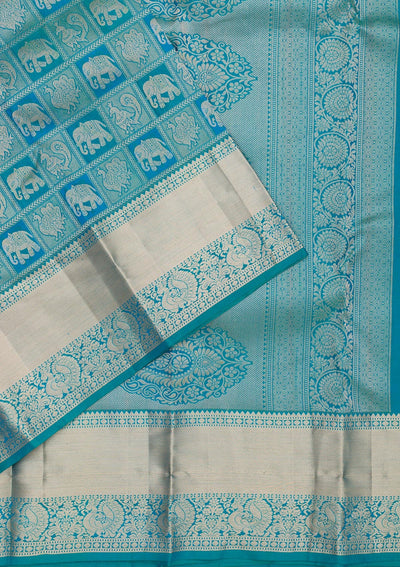 Peacock Blue Zariwork Pure Silk Saree-Koskii