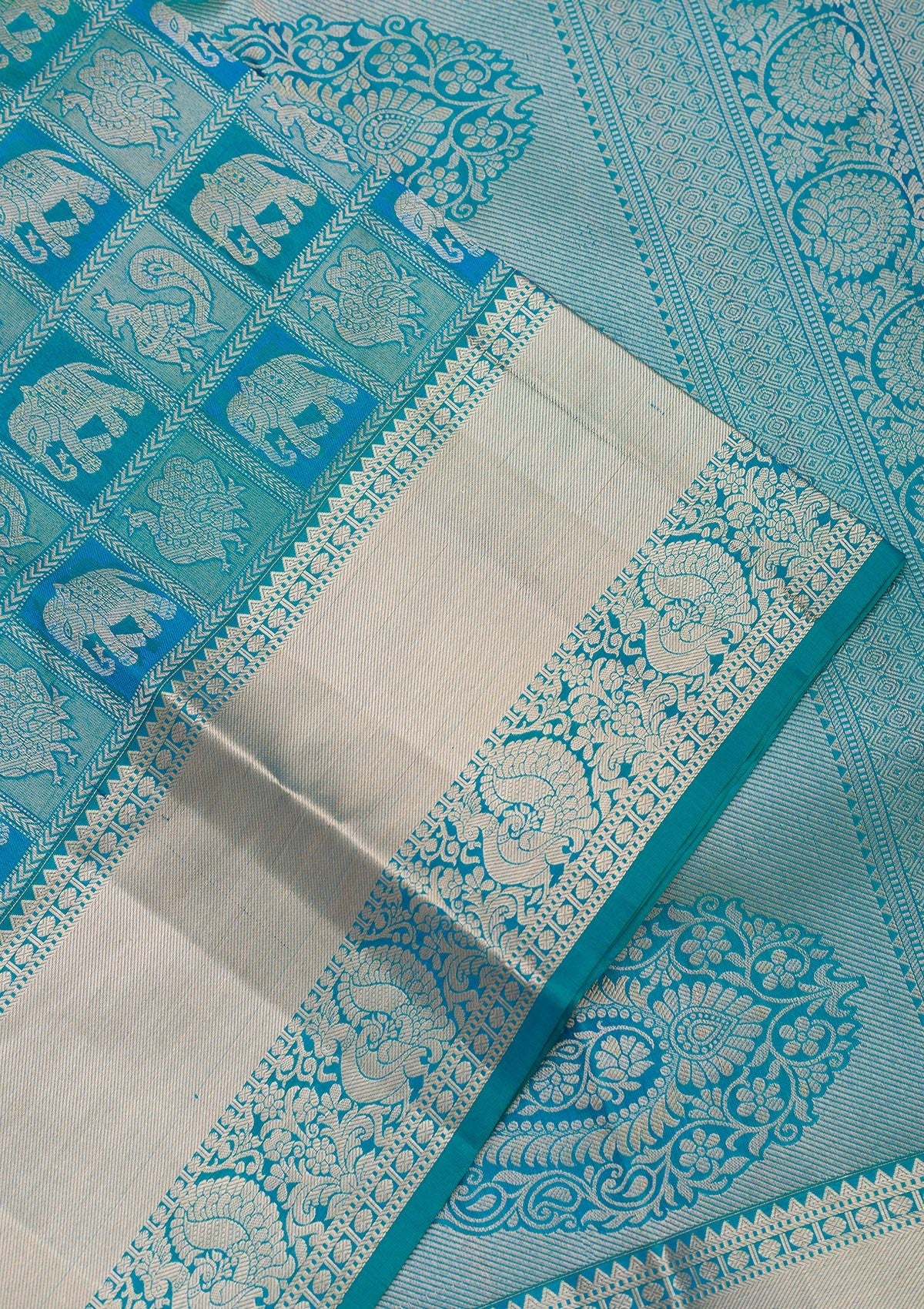 Peacock Blue Zariwork Pure Silk Saree-Koskii