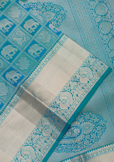 Peacock Blue Zariwork Pure Silk Saree-Koskii