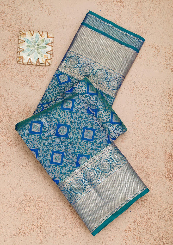Peacock Blue Zariwork Pure Silk Saree-Koskii