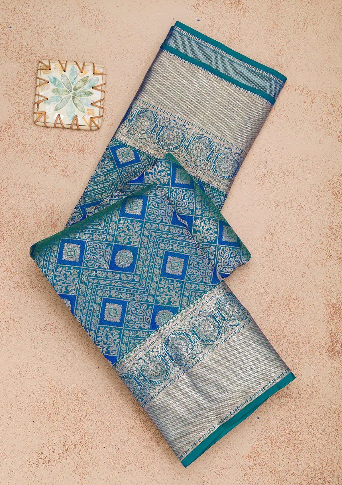 Peacock Blue Zariwork Pure Silk Saree-Koskii