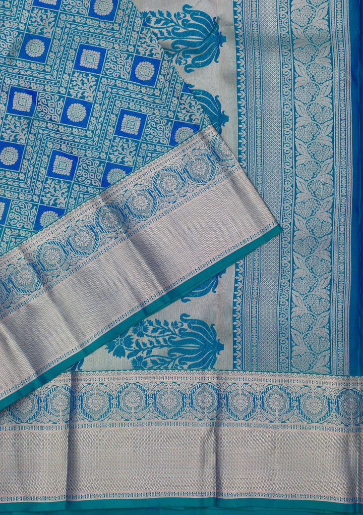 Peacock Blue Zariwork Pure Silk Saree-Koskii