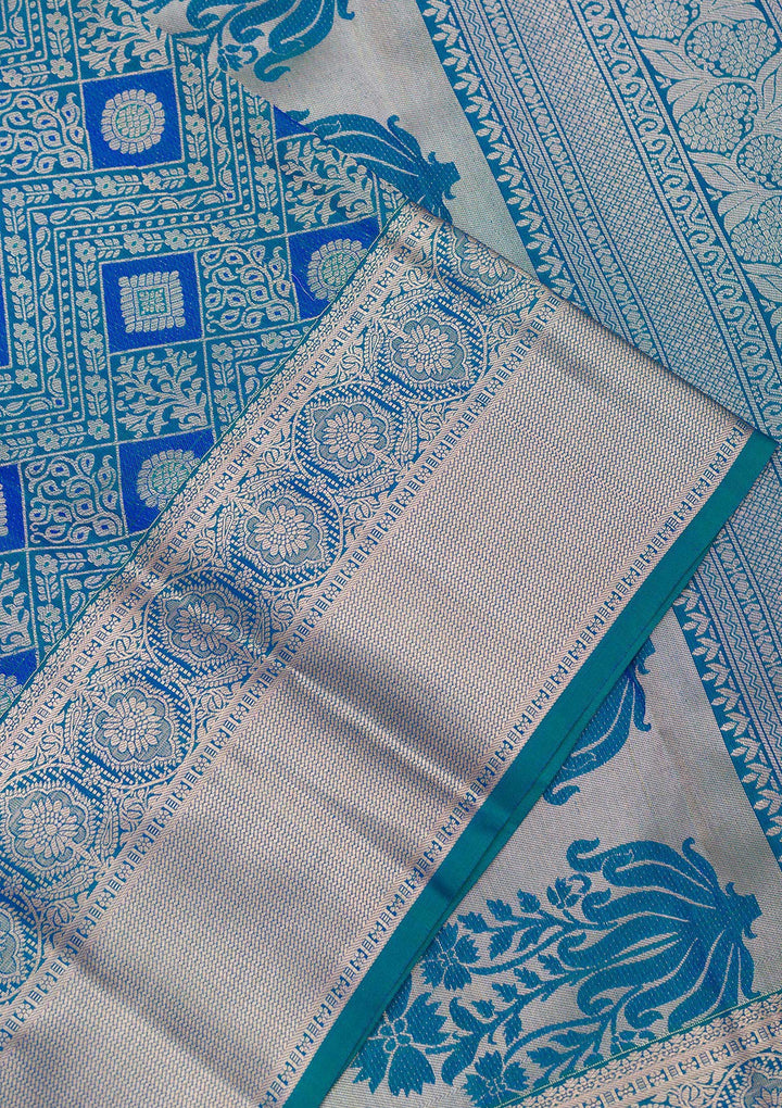 Peacock Blue Zariwork Pure Silk Saree-Koskii