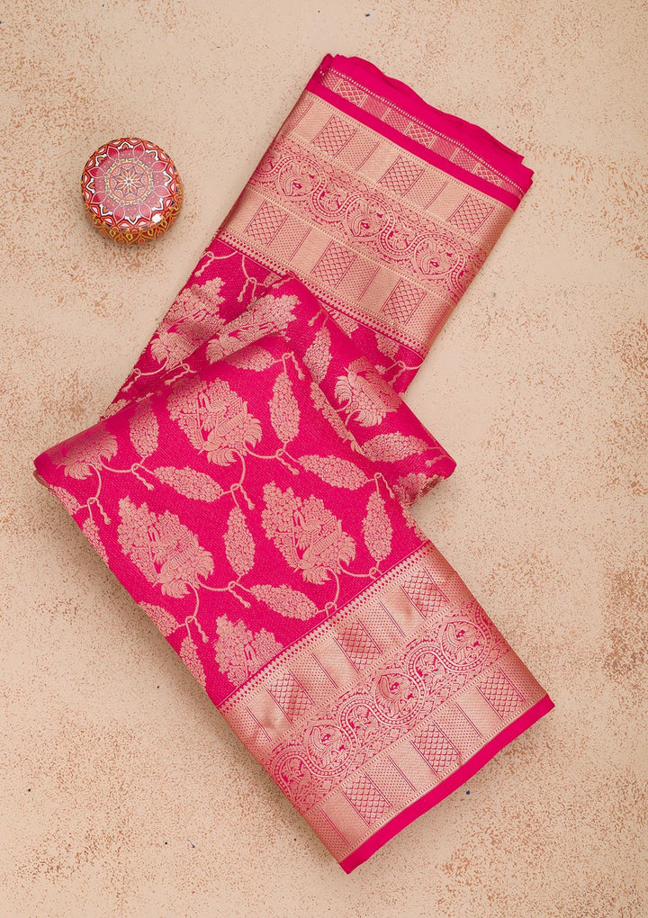 Rani Pink Zariwork Pure Silk Saree-Koskii