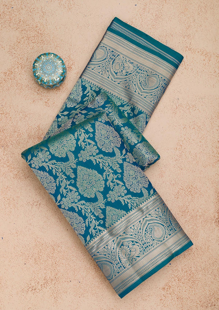 Peacock Blue Zariwork Pure Silk Saree-Koskii