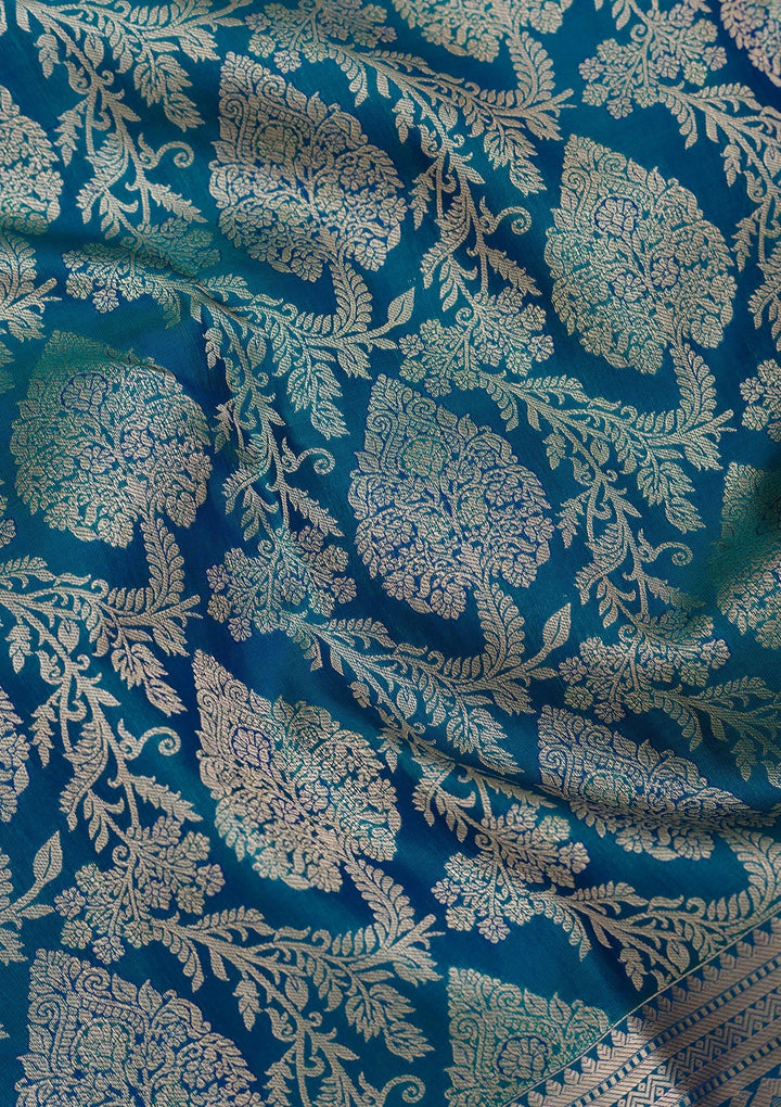 Peacock Blue Zariwork Pure Silk Saree-Koskii