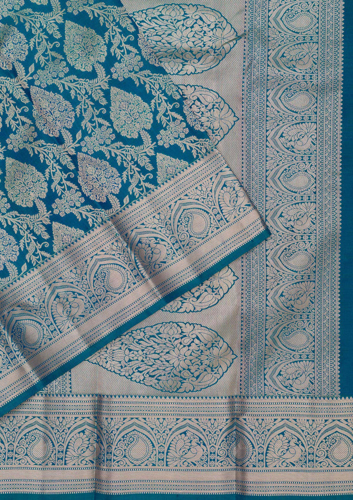 Peacock Blue Zariwork Pure Silk Saree-Koskii